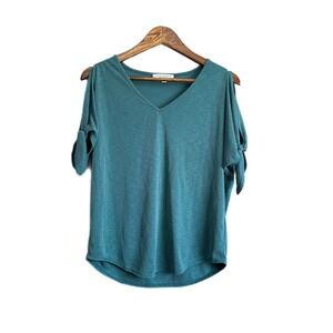 GREEN ENVELOPE Cold Shoulder Top Teal Ribbed V Neck Roll Tab Sleeve XS